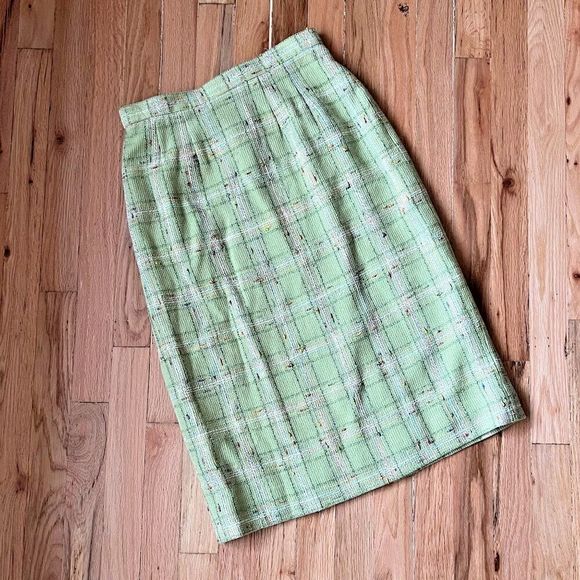 vtg 80s Carlisle lime green plaid wool blend skirt size 8 boucle straight lined‎ - Picture 1 of 7